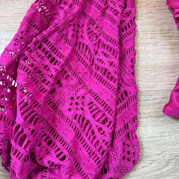 New PatBo Crochet Long Sleeve Plunge One Piece Swimsuit Swim V Neck Pink Magenta - Picture 12 of 15